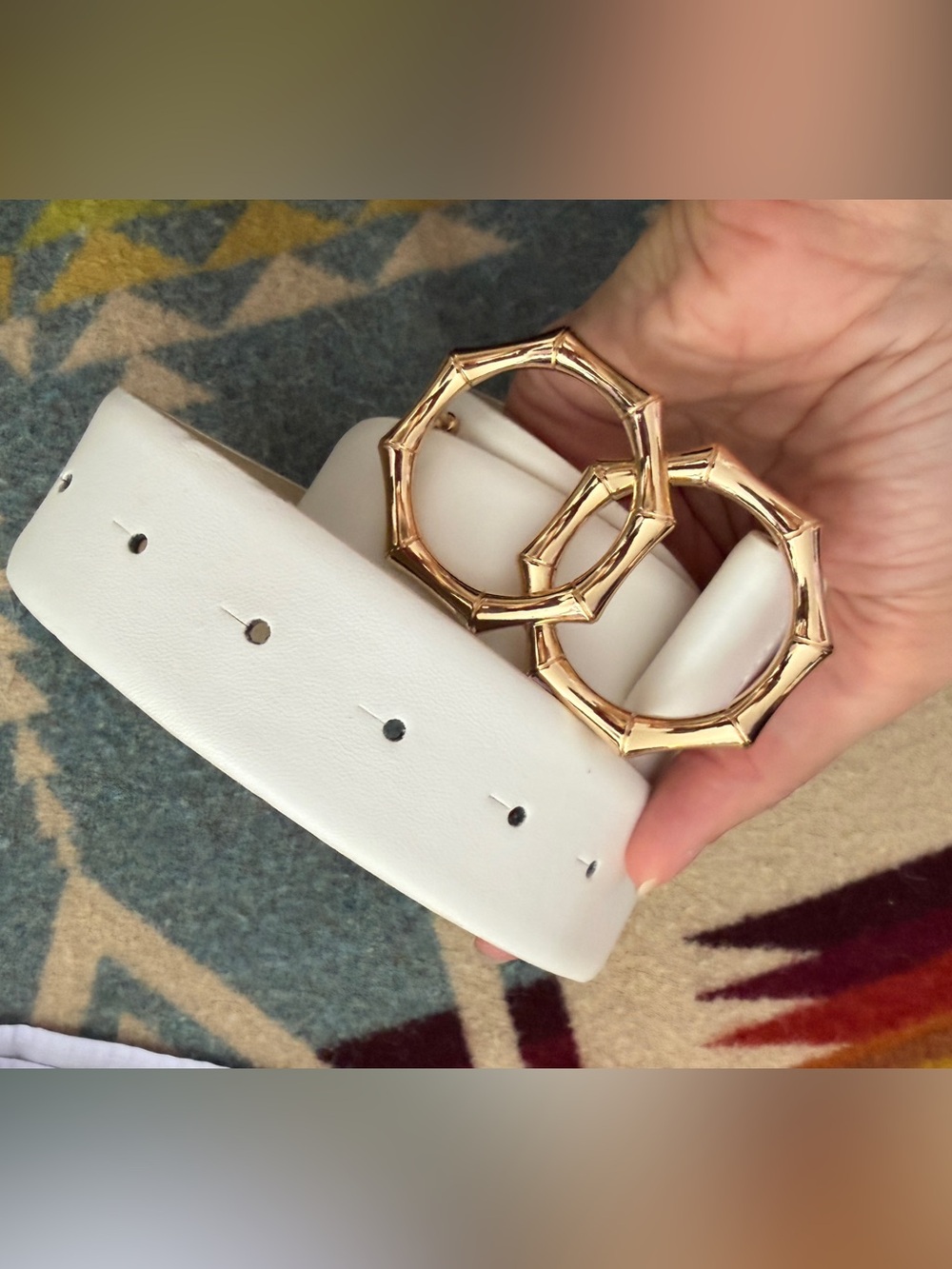 White Women's Belt with Gold Bamboo-Style Double Buckle